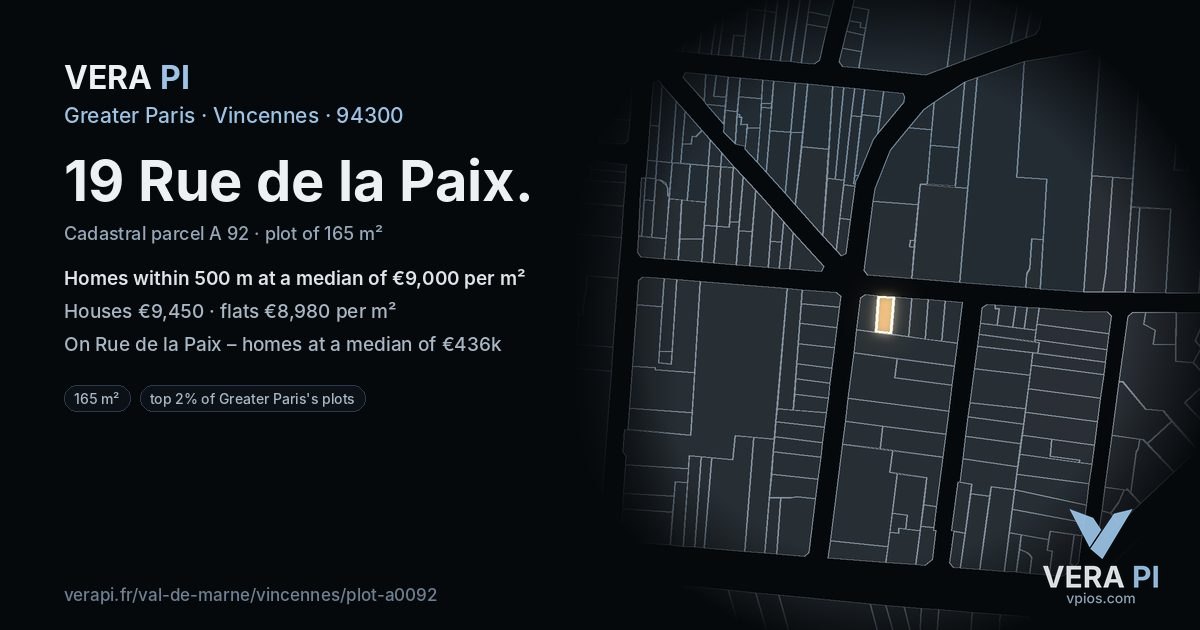 19 Rue de la Paix, Vincennes at night – the plot lit, the parcels around coloured by the prices near them