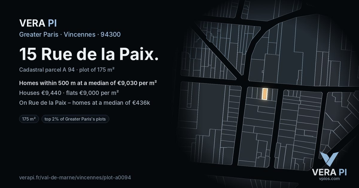 15 Rue de la Paix, Vincennes at night – the plot lit, the parcels around coloured by the prices near them