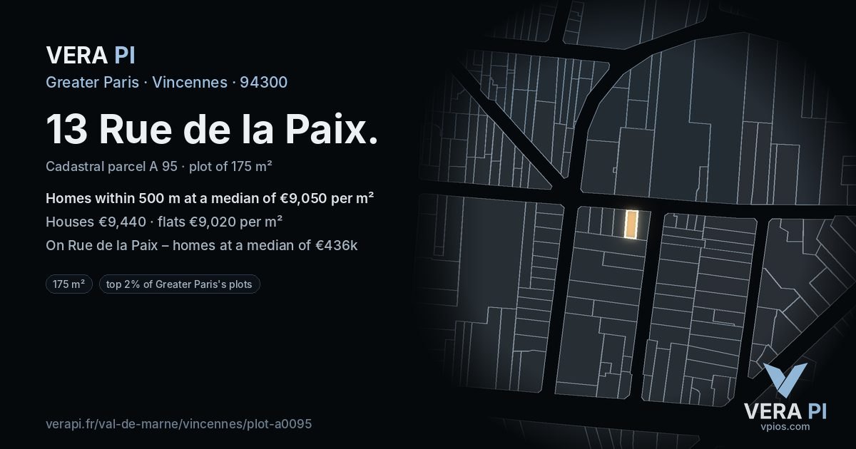 13 Rue de la Paix, Vincennes at night – the plot lit, the parcels around coloured by the prices near them