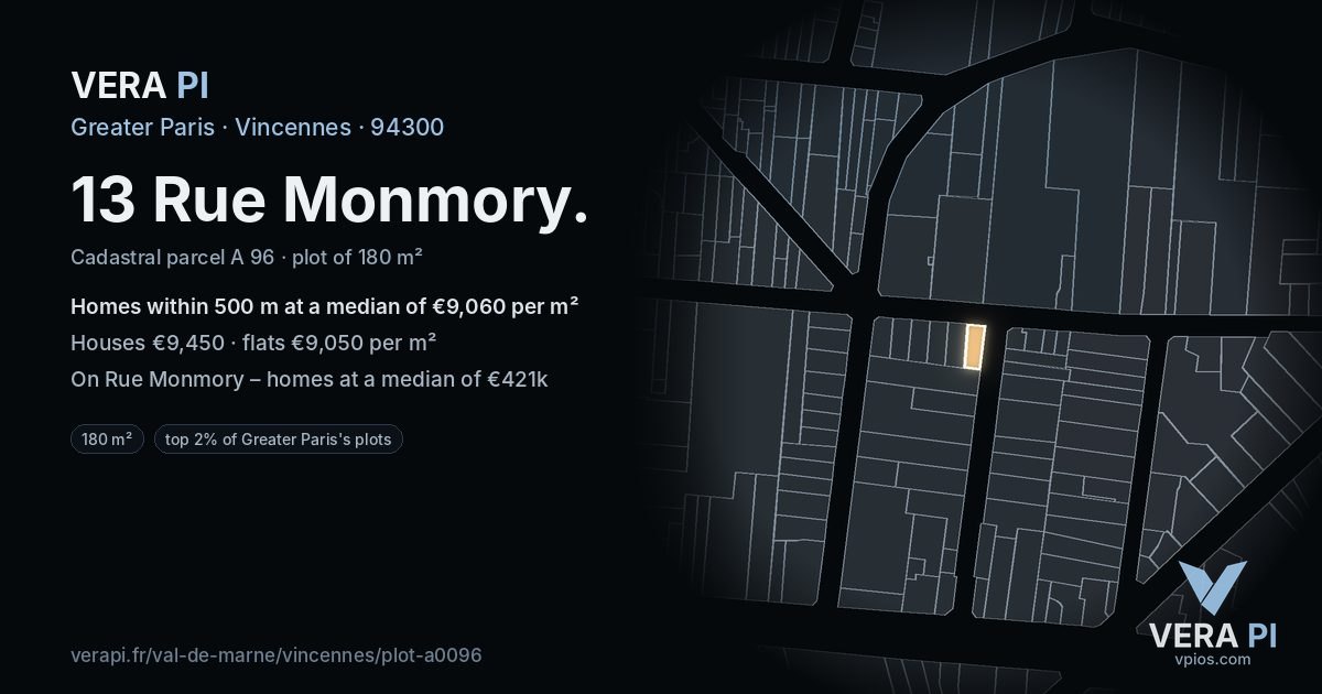 13 Rue Monmory, Vincennes at night – the plot lit, the parcels around coloured by the prices near them