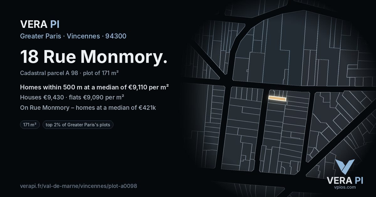 18 Rue Monmory, Vincennes at night – the plot lit, the parcels around coloured by the prices near them
