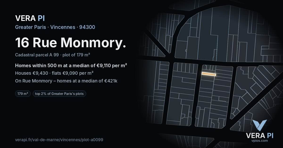 16 Rue Monmory, Vincennes at night – the plot lit, the parcels around coloured by the prices near them