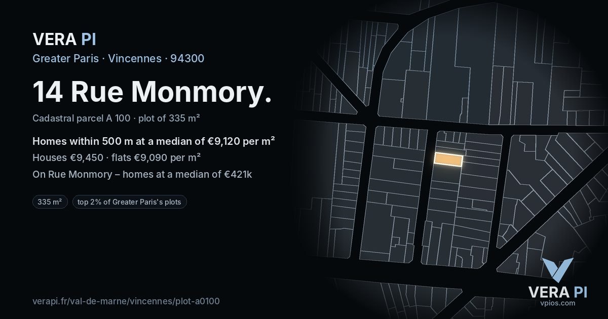 14 Rue Monmory, Vincennes at night – the plot lit, the parcels around coloured by the prices near them