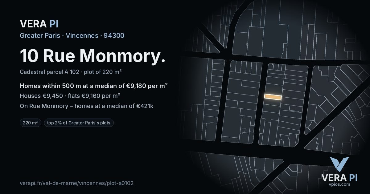 10 Rue Monmory, Vincennes at night – the plot lit, the parcels around coloured by the prices near them