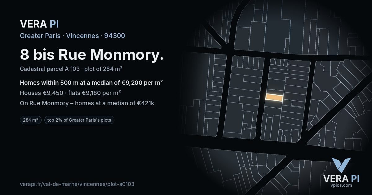 8 bis Rue Monmory, Vincennes at night – the plot lit, the parcels around coloured by the prices near them