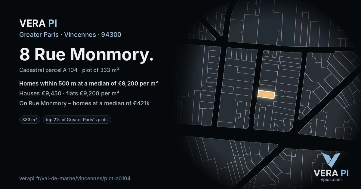 8 Rue Monmory, Vincennes at night – the plot lit, the parcels around coloured by the prices near them