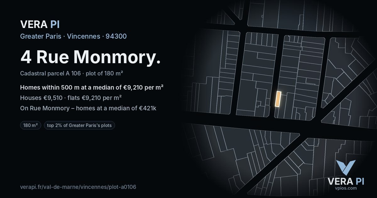 4 Rue Monmory, Vincennes at night – the plot lit, the parcels around coloured by the prices near them