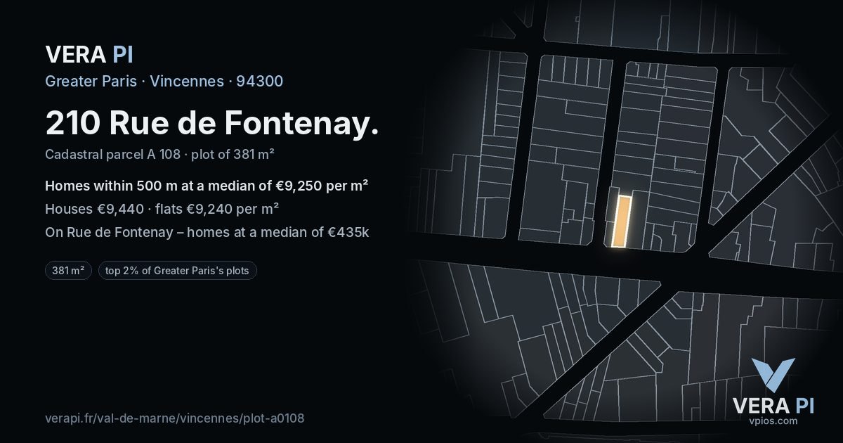 210 Rue de Fontenay, Vincennes at night – the plot lit, the parcels around coloured by the prices near them