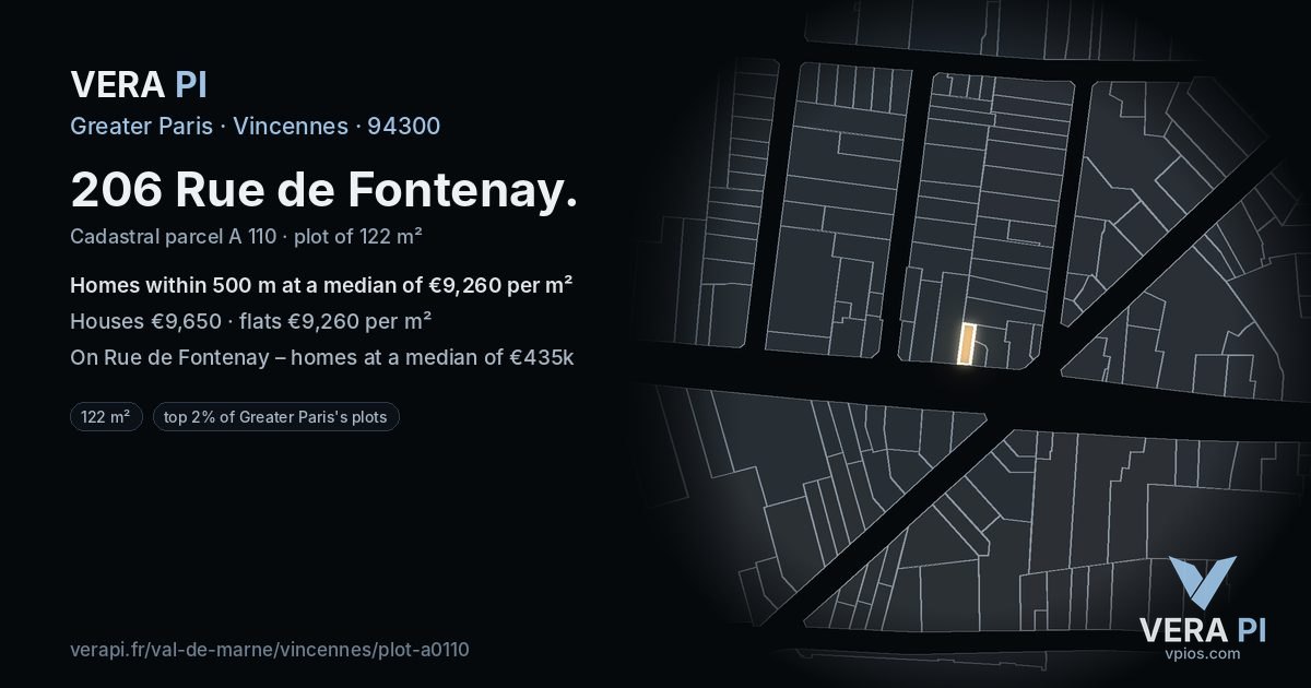 206 Rue de Fontenay, Vincennes at night – the plot lit, the parcels around coloured by the prices near them