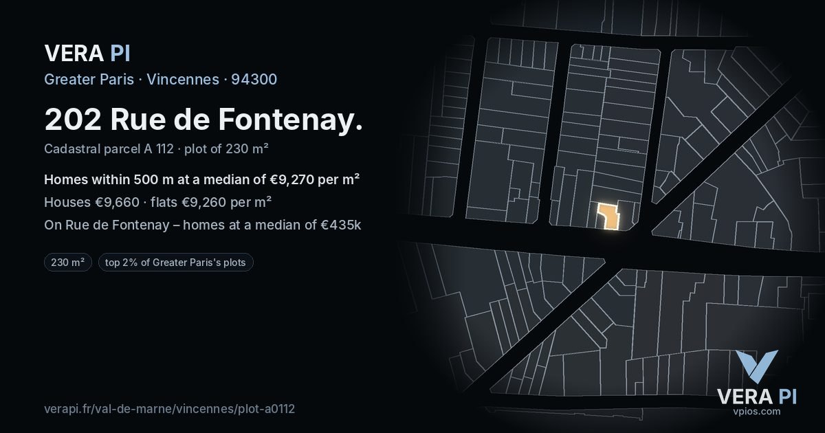 202 Rue de Fontenay, Vincennes at night – the plot lit, the parcels around coloured by the prices near them