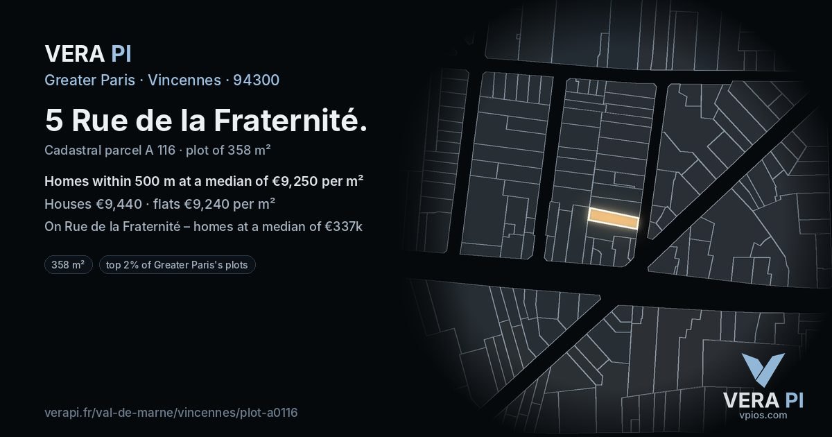 5 Rue de la Fraternité, Vincennes at night – the plot lit, the parcels around coloured by the prices near them