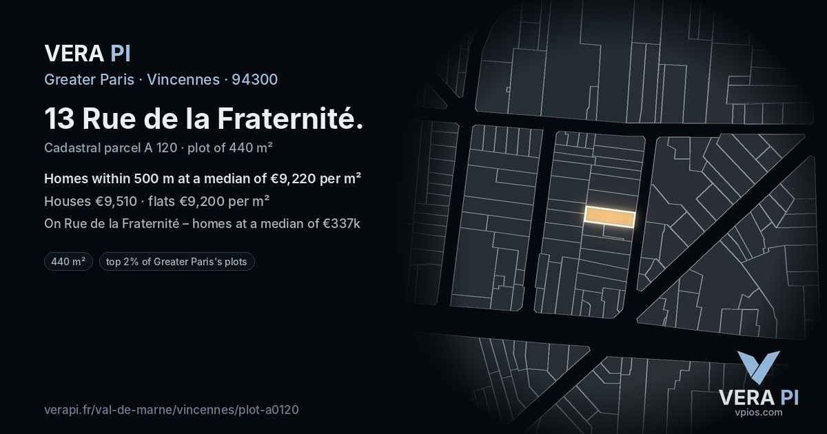 13 Rue de la Fraternité, Vincennes at night – the plot lit, the parcels around coloured by the prices near them