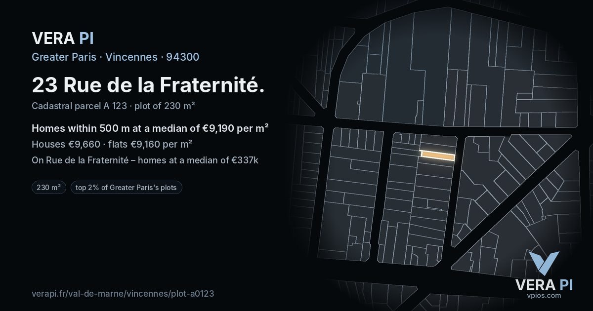 23 Rue de la Fraternité, Vincennes at night – the plot lit, the parcels around coloured by the prices near them