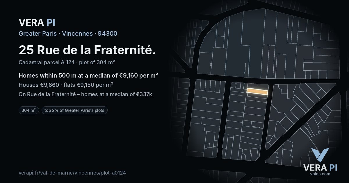25 Rue de la Fraternité, Vincennes at night – the plot lit, the parcels around coloured by the prices near them