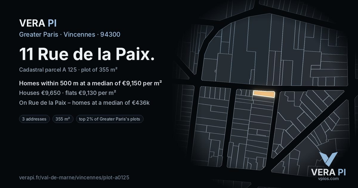 11 Rue de la Paix, Vincennes at night – the plot lit, the parcels around coloured by the prices near them