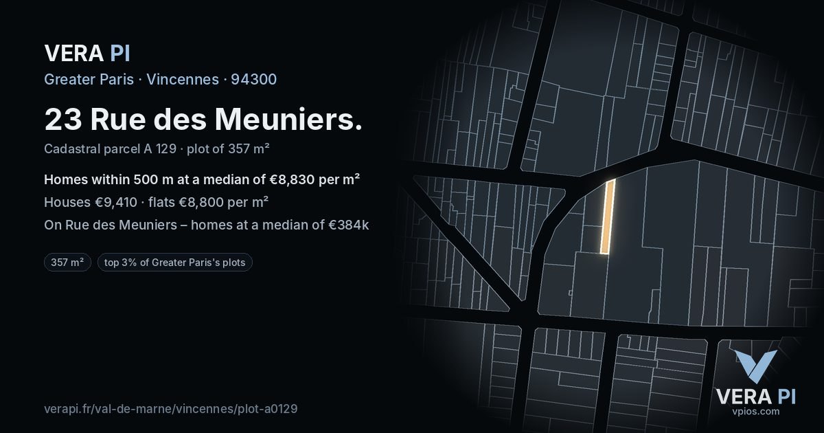 23 Rue des Meuniers, Vincennes at night – the plot lit, the parcels around coloured by the prices near them