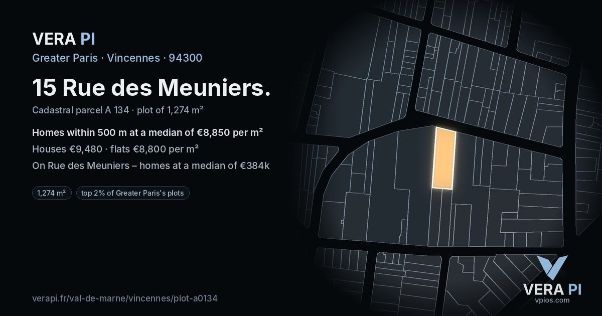 15 Rue des Meuniers, Vincennes at night – the plot lit, the parcels around coloured by the prices near them
