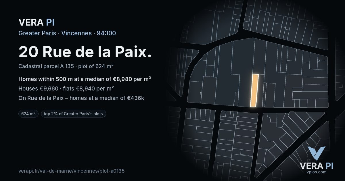 20 Rue de la Paix, Vincennes at night – the plot lit, the parcels around coloured by the prices near them