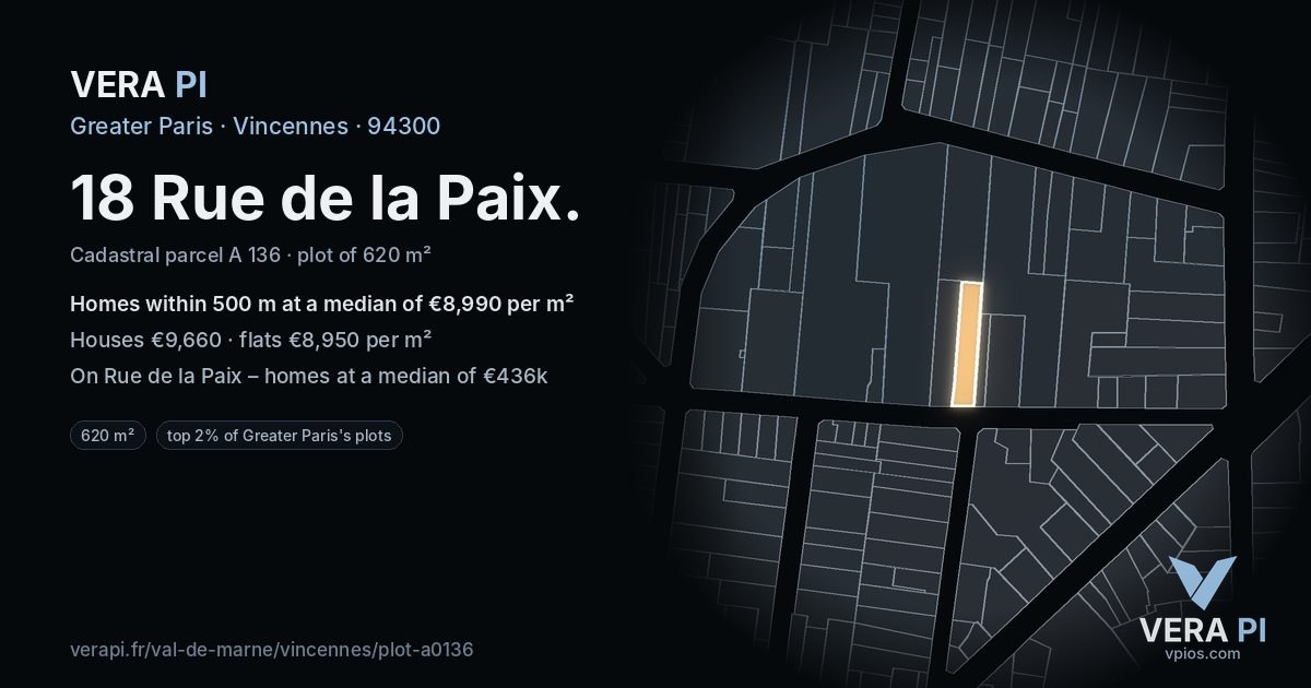 18 Rue de la Paix, Vincennes at night – the plot lit, the parcels around coloured by the prices near them