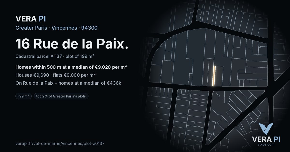 16 Rue de la Paix, Vincennes at night – the plot lit, the parcels around coloured by the prices near them