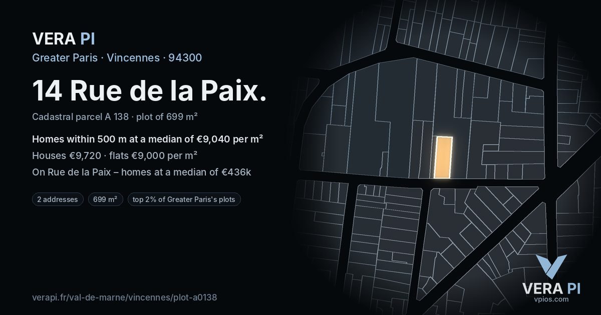 14 Rue de la Paix, Vincennes at night – the plot lit, the parcels around coloured by the prices near them