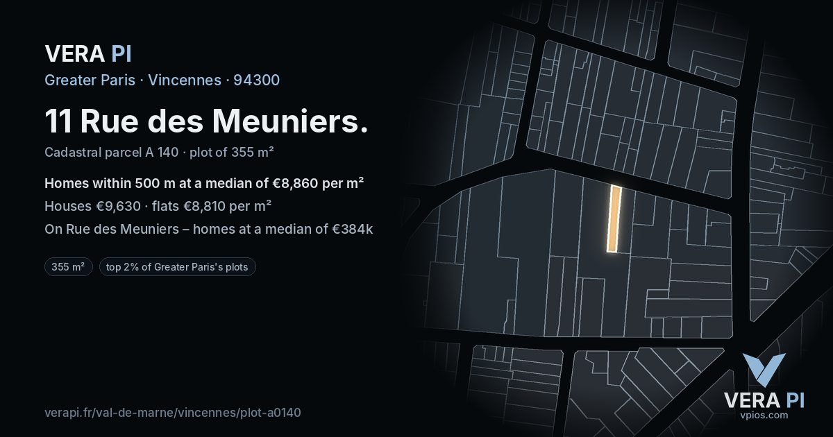 11 Rue des Meuniers, Vincennes at night – the plot lit, the parcels around coloured by the prices near them