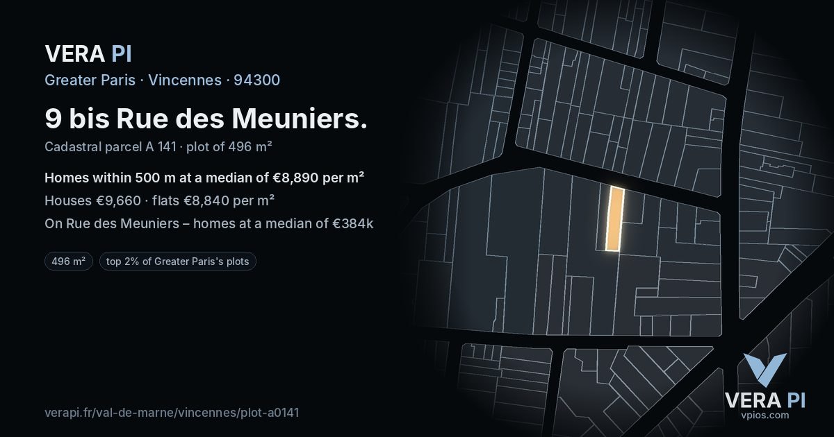 9 bis Rue des Meuniers, Vincennes at night – the plot lit, the parcels around coloured by the prices near them