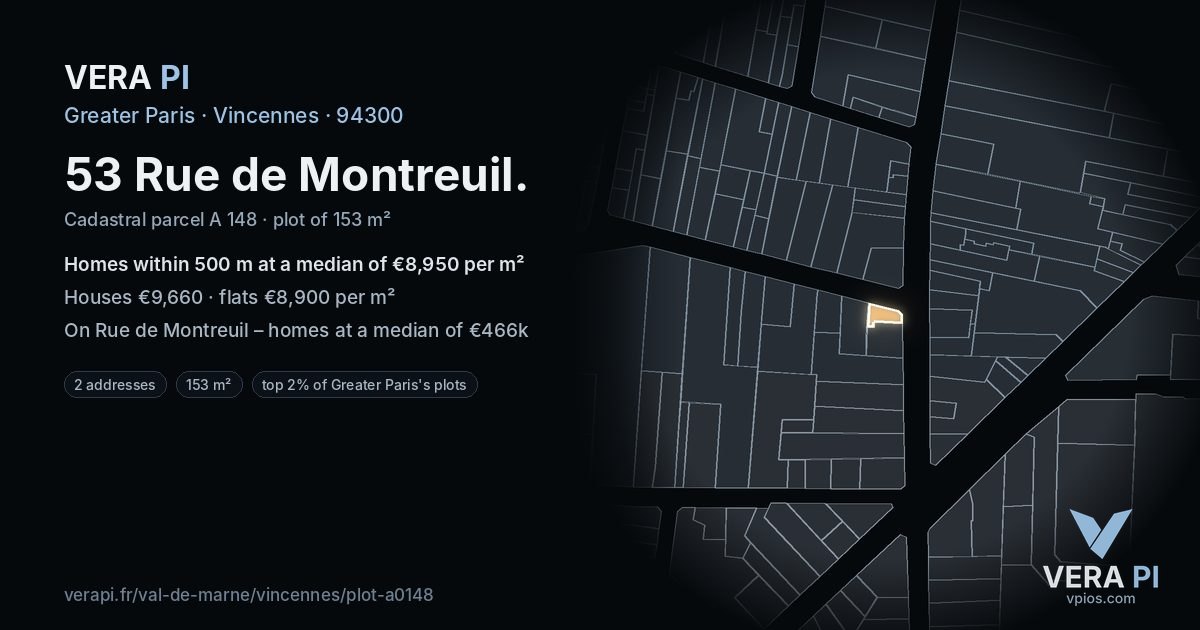 53 Rue de Montreuil, Vincennes at night – the plot lit, the parcels around coloured by the prices near them