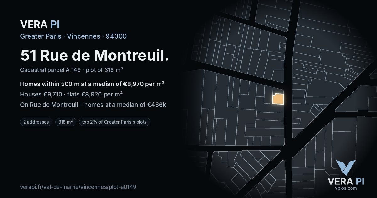 51 Rue de Montreuil, Vincennes at night – the plot lit, the parcels around coloured by the prices near them