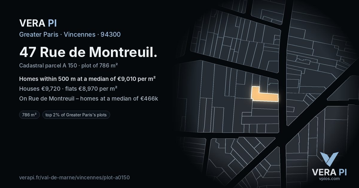 47 Rue de Montreuil, Vincennes at night – the plot lit, the parcels around coloured by the prices near them