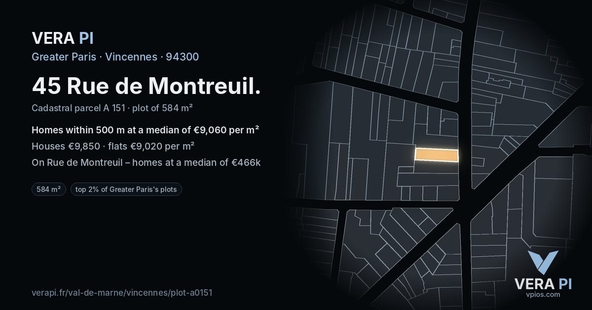 45 Rue de Montreuil, Vincennes at night – the plot lit, the parcels around coloured by the prices near them