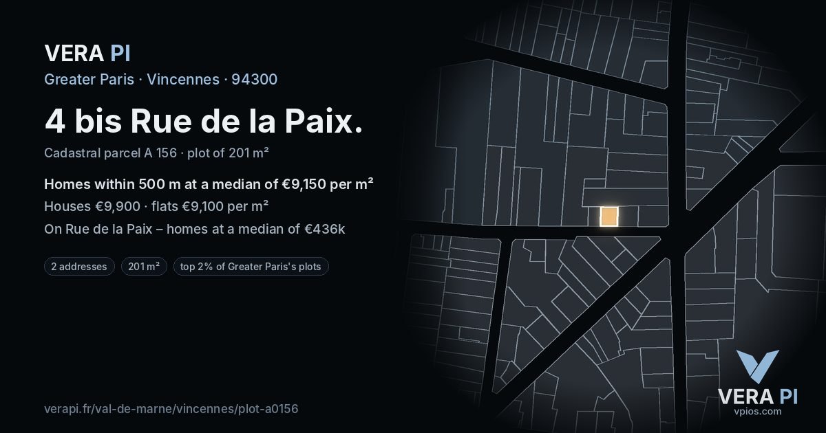 4 bis Rue de la Paix, Vincennes at night – the plot lit, the parcels around coloured by the prices near them