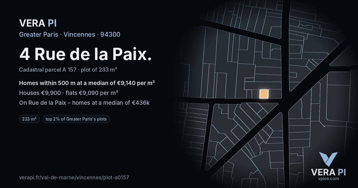 4 Rue de la Paix, Vincennes at night – the plot lit, the parcels around coloured by the prices near them