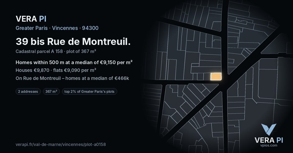 39 bis Rue de Montreuil, Vincennes at night – the plot lit, the parcels around coloured by the prices near them