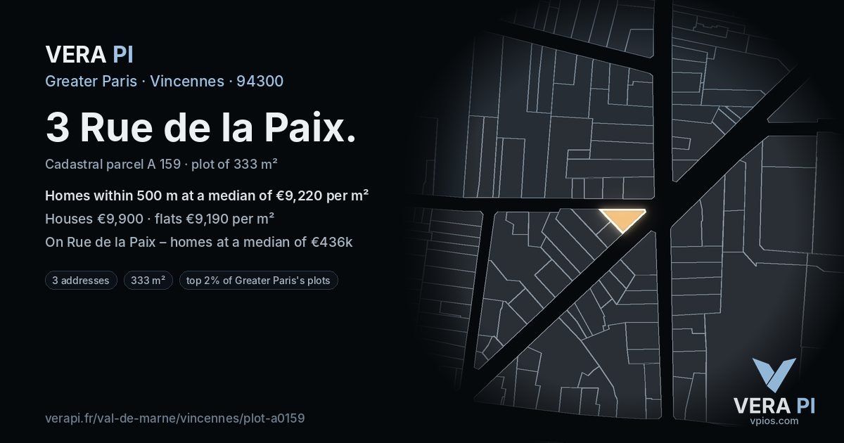 3 Rue de la Paix, Vincennes at night – the plot lit, the parcels around coloured by the prices near them