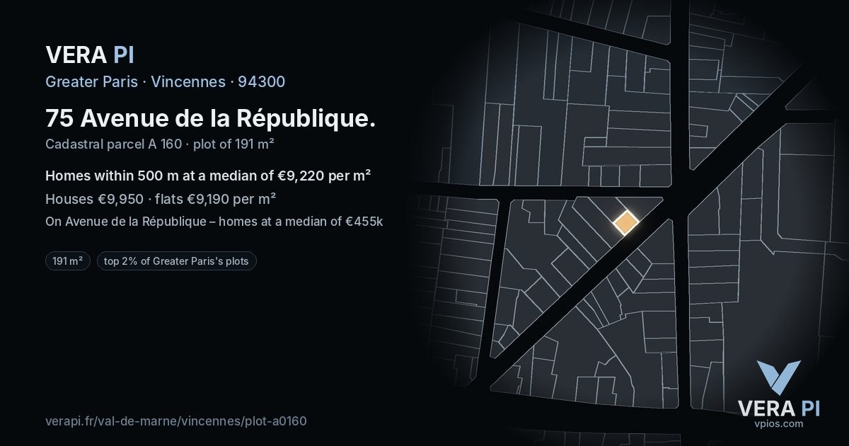 75 Avenue de la République, Vincennes at night – the plot lit, the parcels around coloured by the prices near them