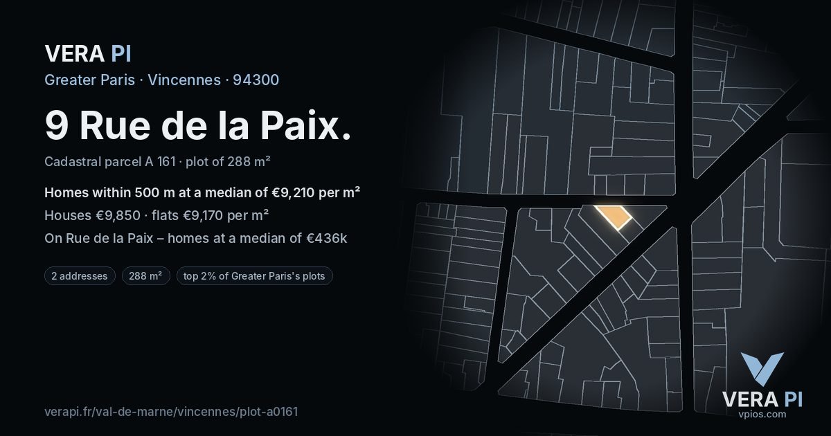 9 Rue de la Paix, Vincennes at night – the plot lit, the parcels around coloured by the prices near them