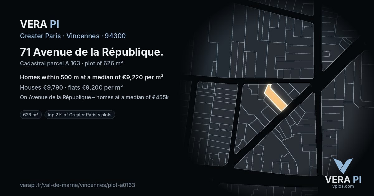 71 Avenue de la République, Vincennes at night – the plot lit, the parcels around coloured by the prices near them