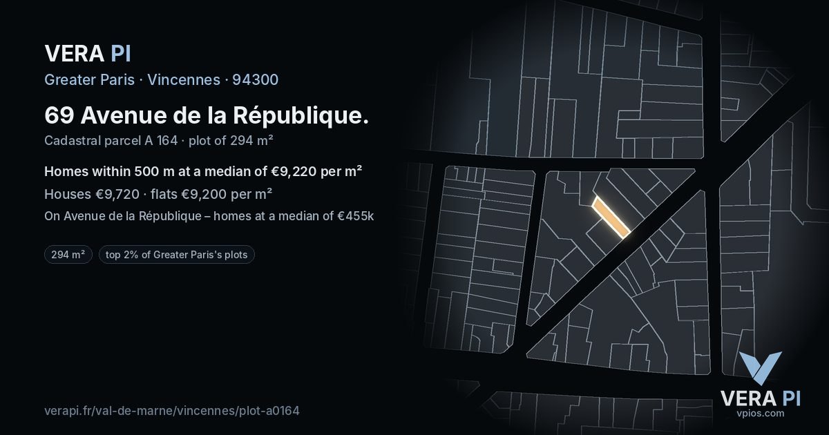 69 Avenue de la République, Vincennes at night – the plot lit, the parcels around coloured by the prices near them