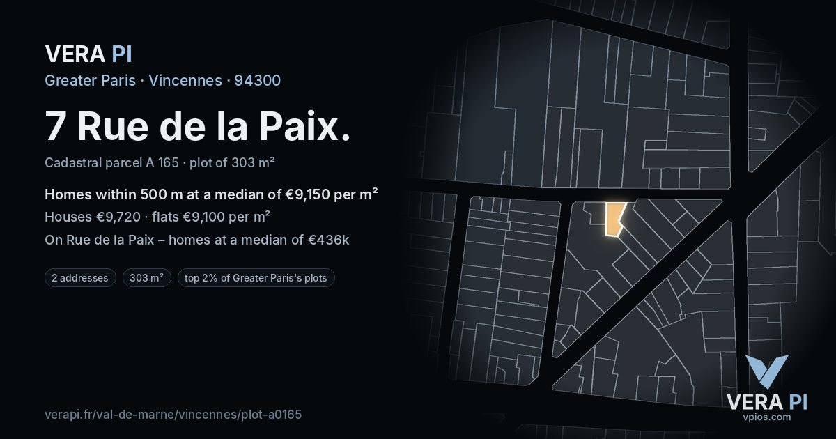 7 Rue de la Paix, Vincennes at night – the plot lit, the parcels around coloured by the prices near them