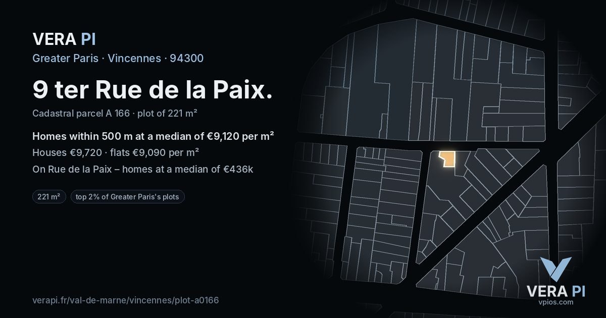 9 ter Rue de la Paix, Vincennes at night – the plot lit, the parcels around coloured by the prices near them