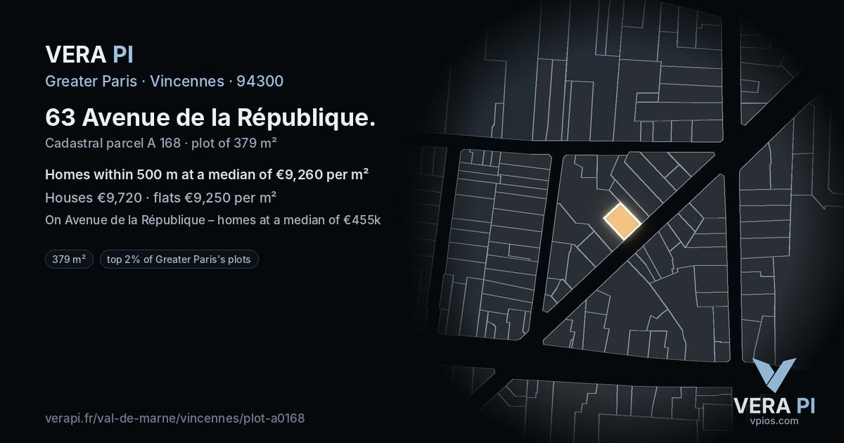 63 Avenue de la République, Vincennes at night – the plot lit, the parcels around coloured by the prices near them