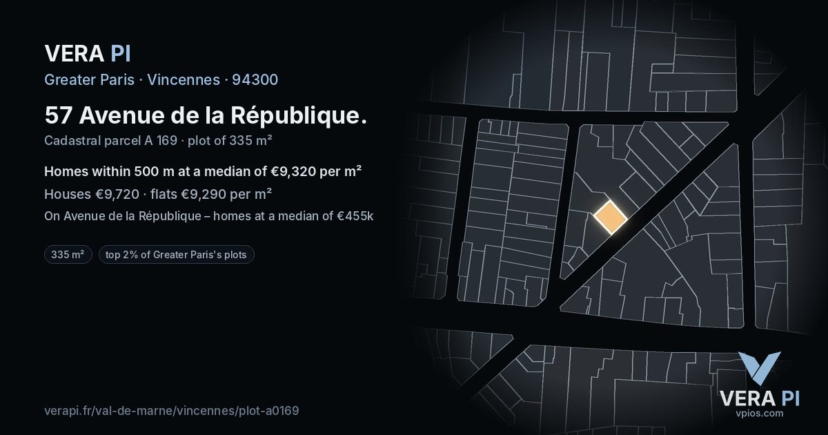 57 Avenue de la République, Vincennes at night – the plot lit, the parcels around coloured by the prices near them