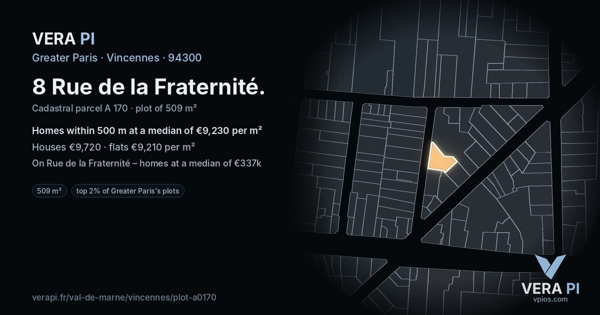 8 Rue de la Fraternité, Vincennes at night – the plot lit, the parcels around coloured by the prices near them