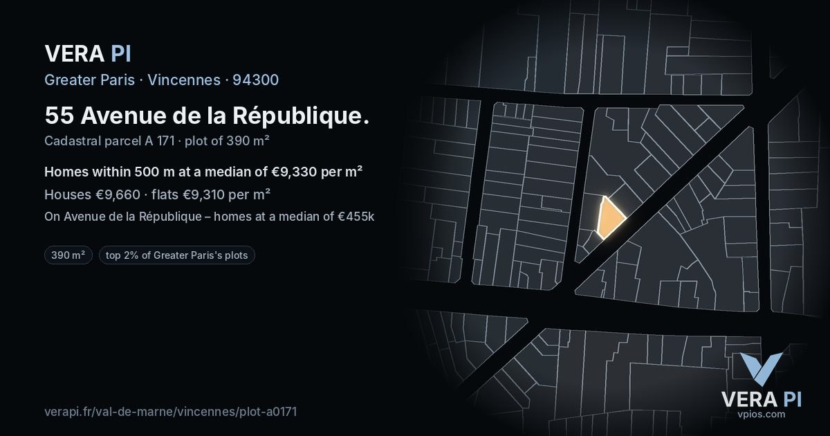 55 Avenue de la République, Vincennes at night – the plot lit, the parcels around coloured by the prices near them