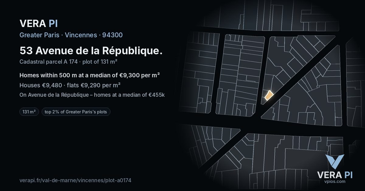 53 Avenue de la République, Vincennes at night – the plot lit, the parcels around coloured by the prices near them