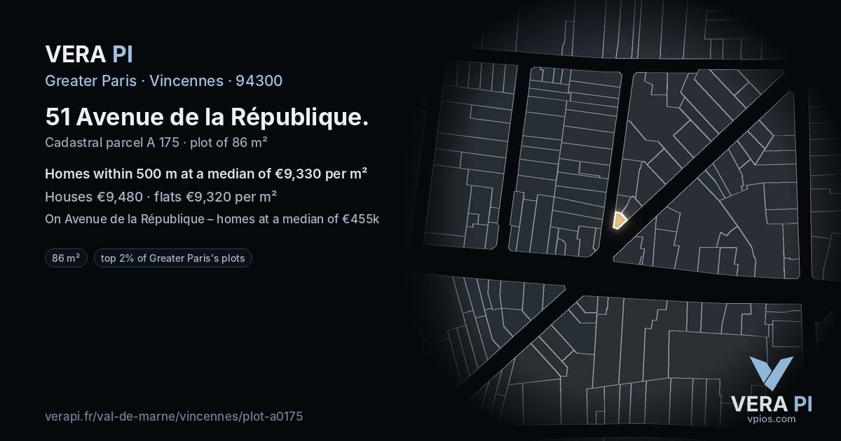 51 Avenue de la République, Vincennes at night – the plot lit, the parcels around coloured by the prices near them