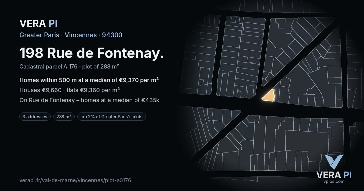 198 Rue de Fontenay, Vincennes at night – the plot lit, the parcels around coloured by the prices near them