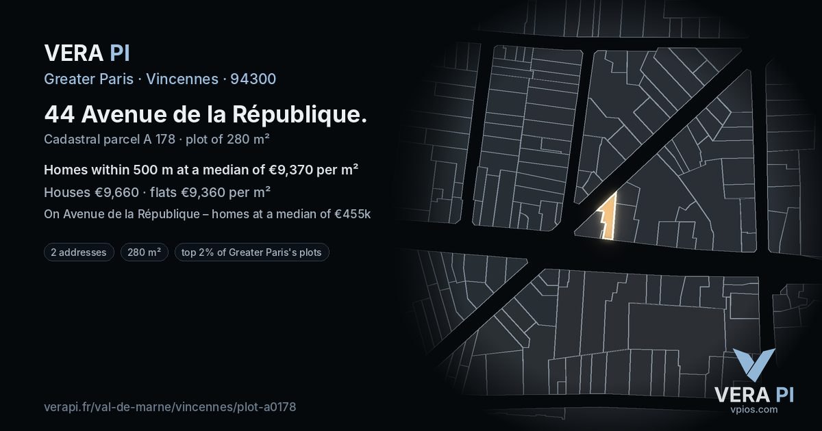 44 Avenue de la République, Vincennes at night – the plot lit, the parcels around coloured by the prices near them