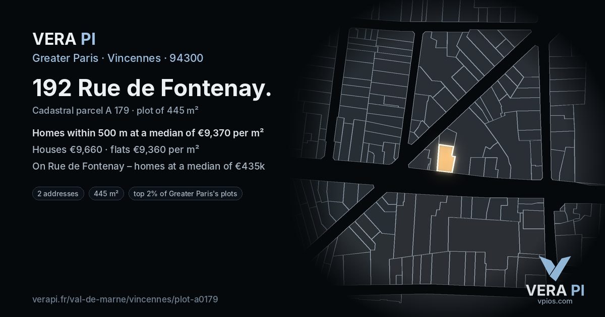 192 Rue de Fontenay, Vincennes at night – the plot lit, the parcels around coloured by the prices near them